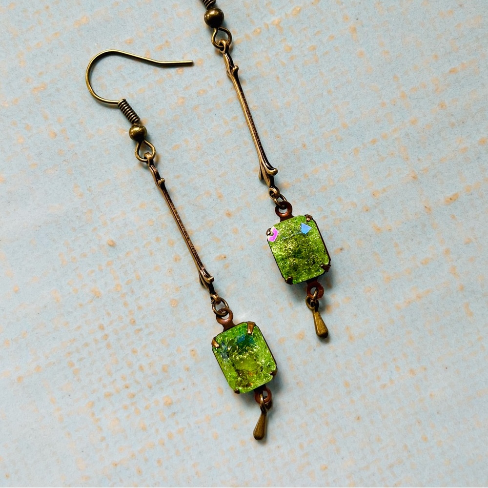SOLD Peridot Green Crackle Glass Art Nouveau Earrings w a Glacier Blue Finish - Picture 3 of 15